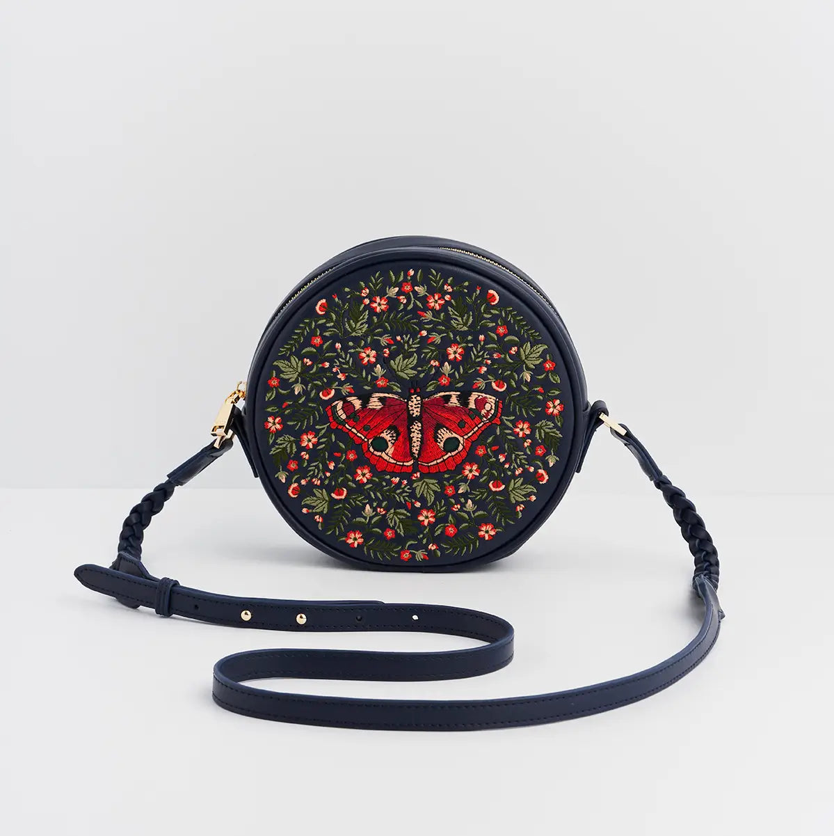 Red Admiral Navy Embroidered Circle Bag by Fable England