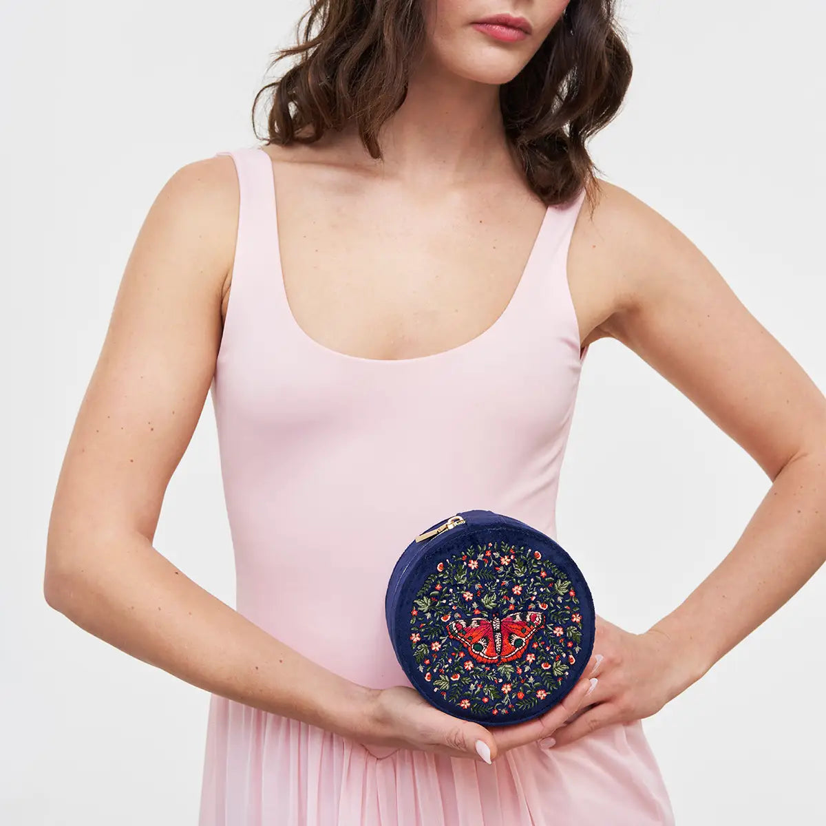 Red Admiral Navy Velvet Embroidered Jewelery Box by Fable England