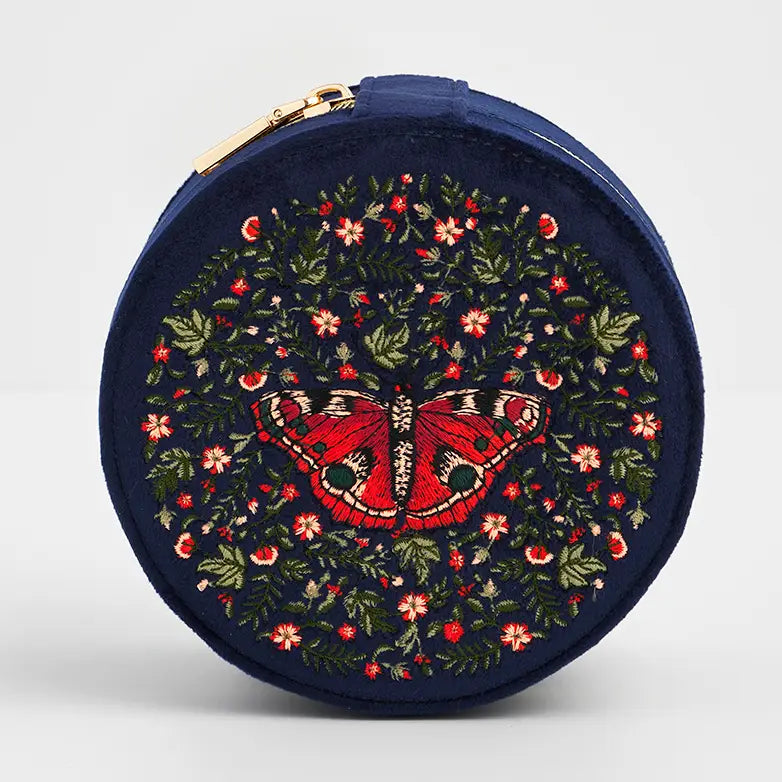Red Admiral Navy Velvet Embroidered Jewelery Box by Fable England