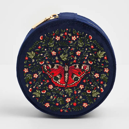 Red Admiral Navy Velvet Embroidered Jewelery Box by Fable England