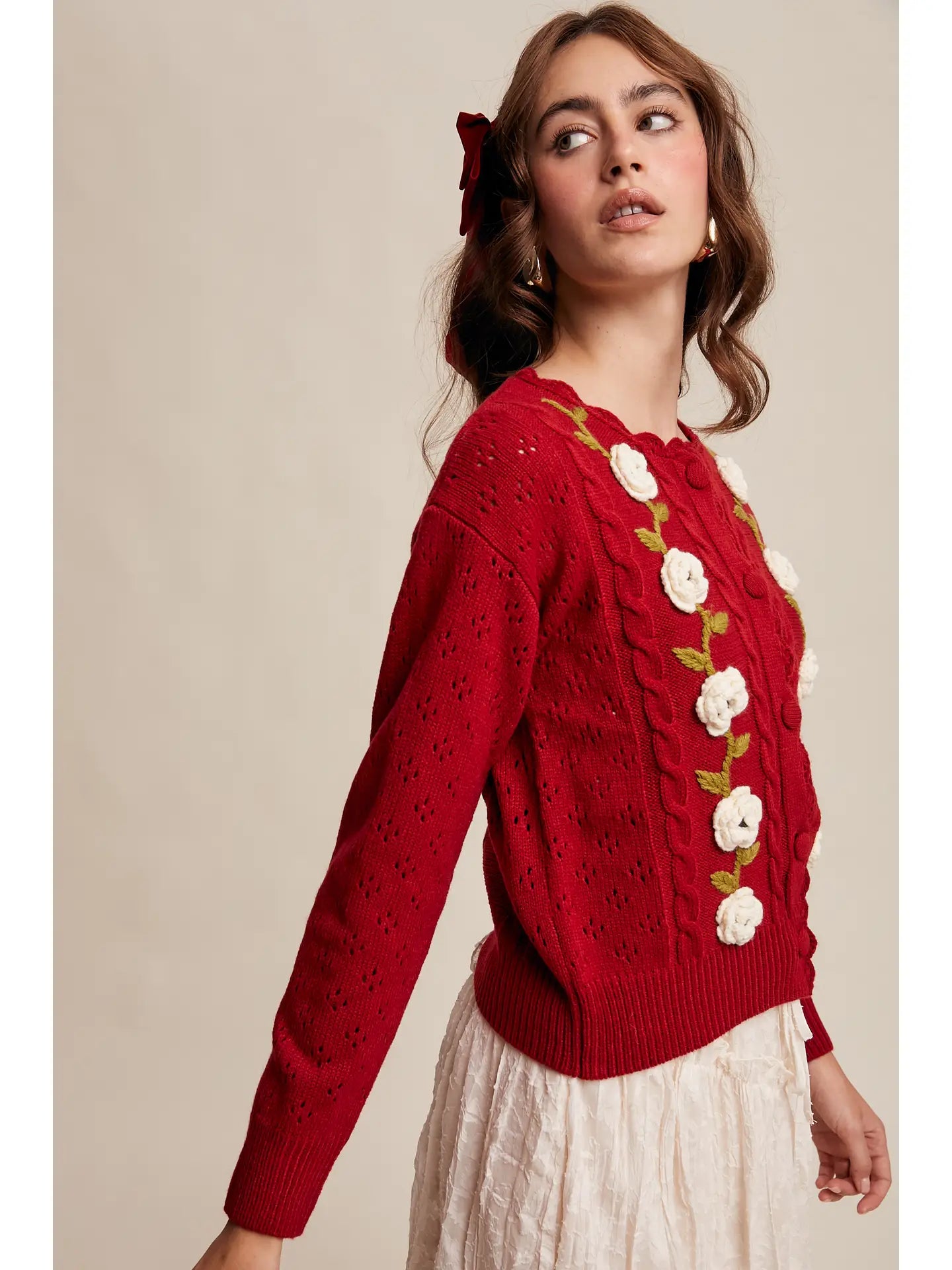 Red Crochet Flower Cardigan