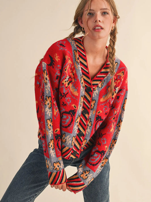 Red Multi Paisley Knit Sweater Cardigan
