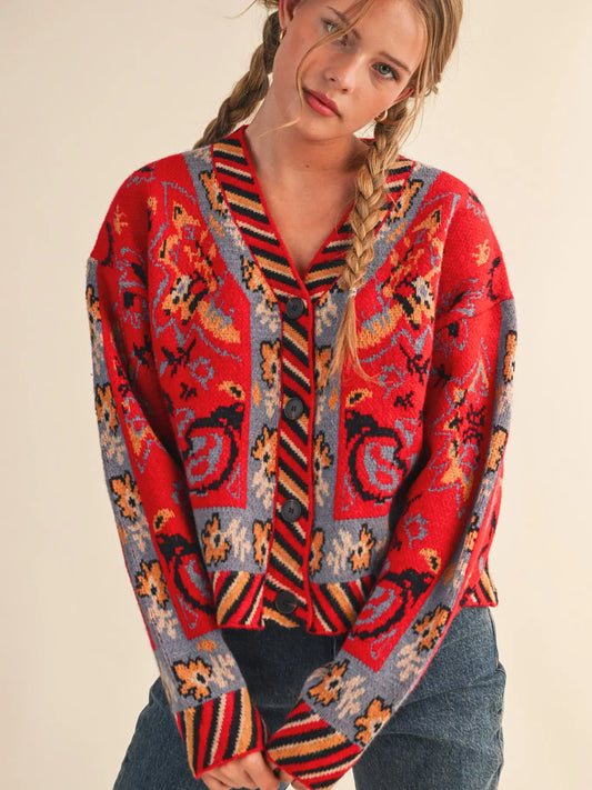 Red Multi Paisley Knit Sweater Cardigan