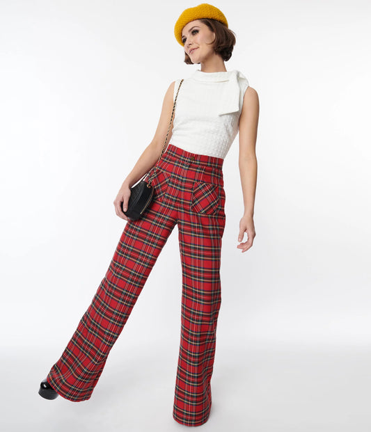 Red Plaid Wide Leg Trousers