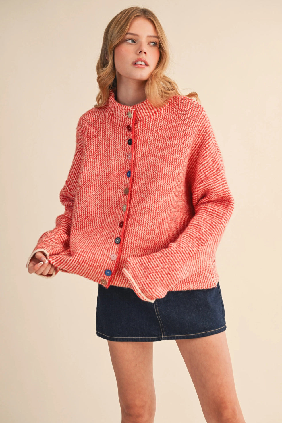 Red & Ivory Striped Cardigan with Colorful Buttons