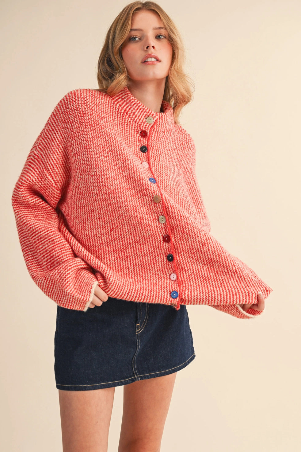 Red & Ivory Striped Cardigan with Colorful Buttons