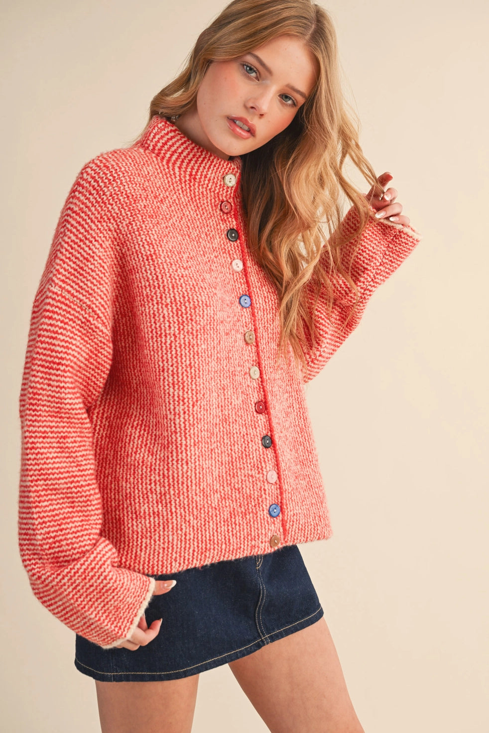 Red & Ivory Striped Cardigan with Colorful Buttons