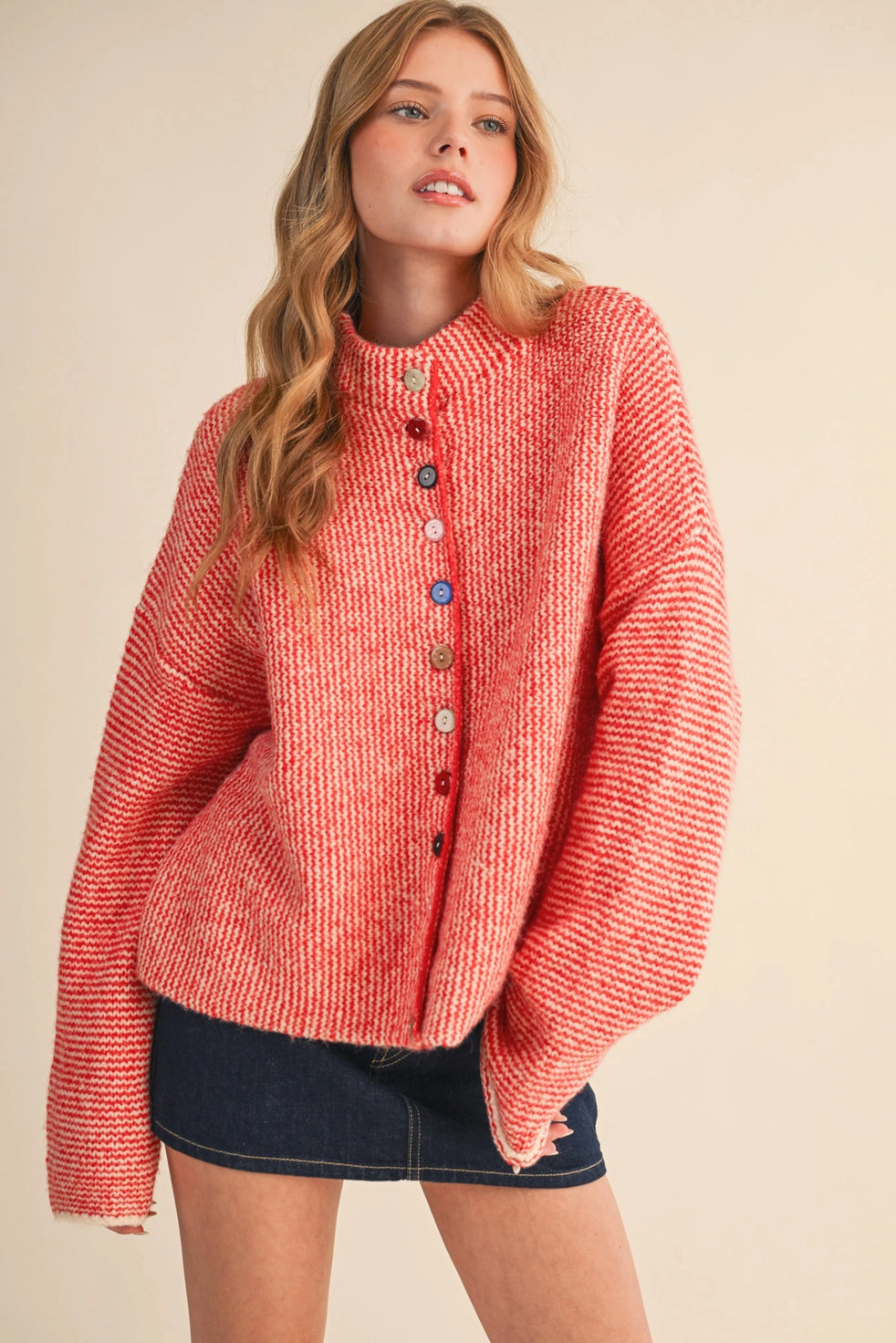 Red & Ivory Striped Cardigan with Colorful Buttons