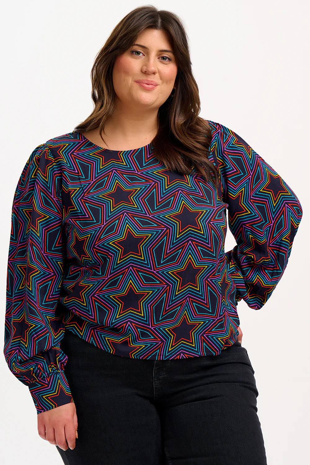 Black Rainbow Star Explosion Ronnie Puff Sleeve Top