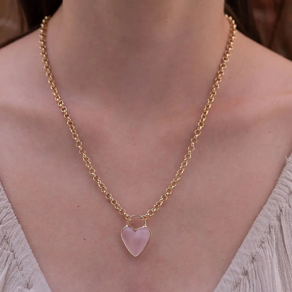 Rose Quartz Heart Pendant Chunky Chain