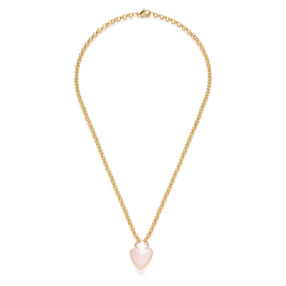 Rose Quartz Heart Pendant Chunky Chain