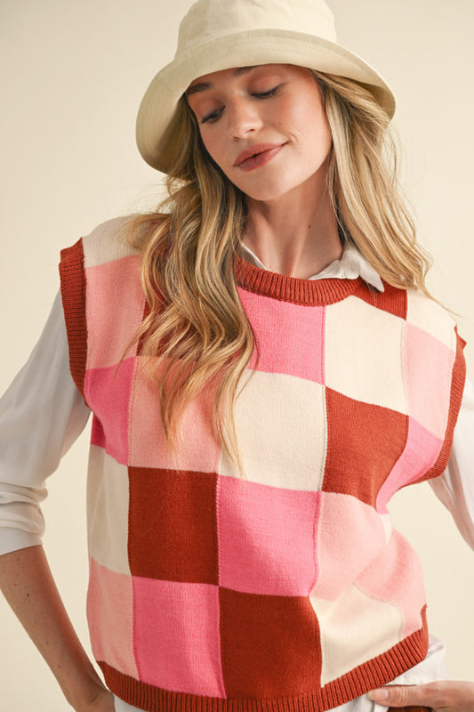 Rust & Pink Check Sweater Vest