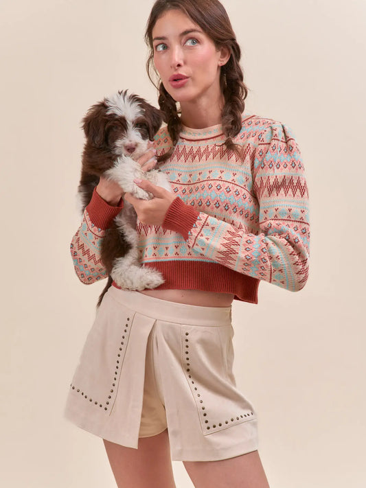 Sand & Aqua Fair Isle Cropped Sweater