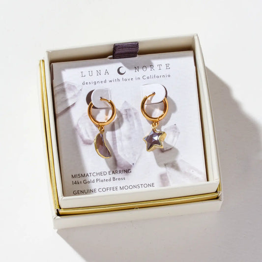 Sky Gazing Mismatched Hoop Earrings- "Coffee" Moonstone
