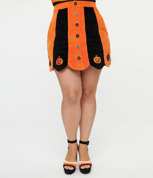 Orange & Black Pumpkin Corduroy Mini Skirt