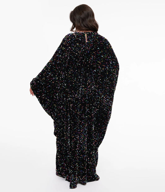 Black & Multicolor Sequin Batwing Caftan