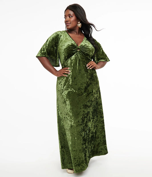 Mossy Green Velvet Cutout Maxi Dress