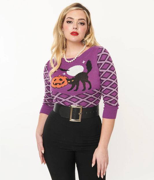 Purple Plaid & Black Cat Sweater