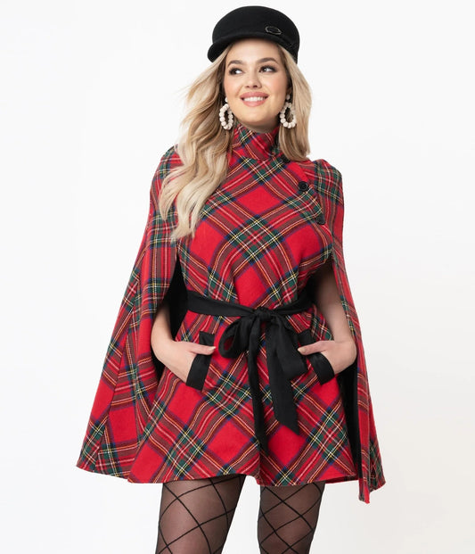 Red Plaid Savile Row Cape Coat