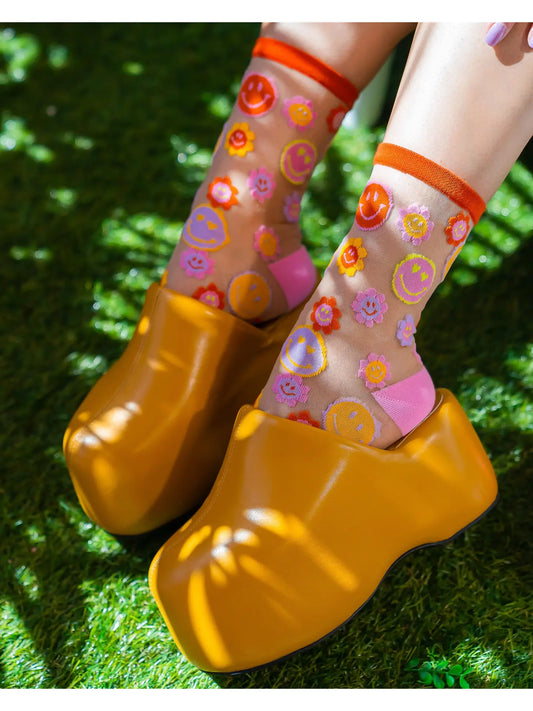 Smiley Face Daisy Sheer Crew Socks
