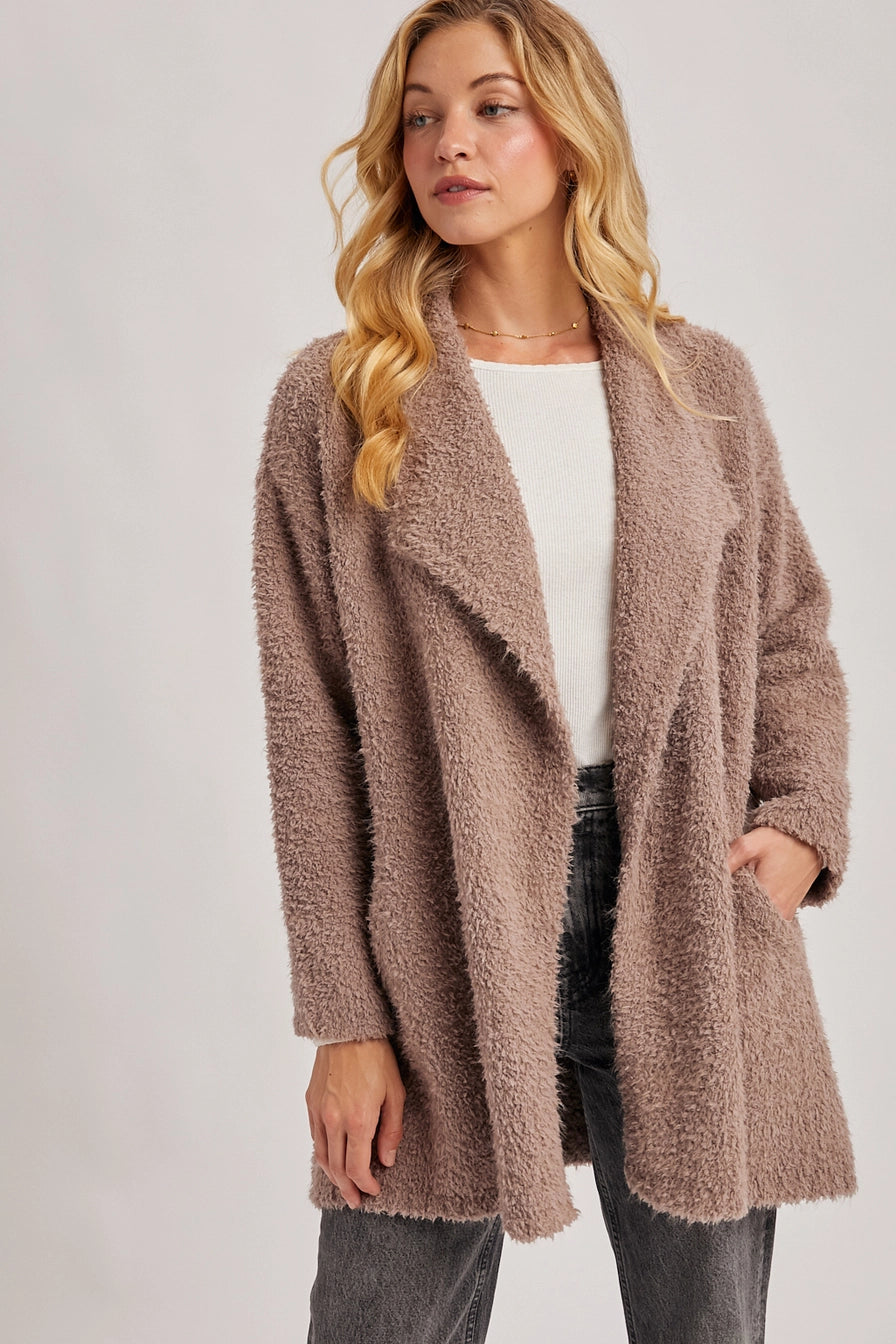 Mushroom Soft Fuzzy Drape Front Cardigan