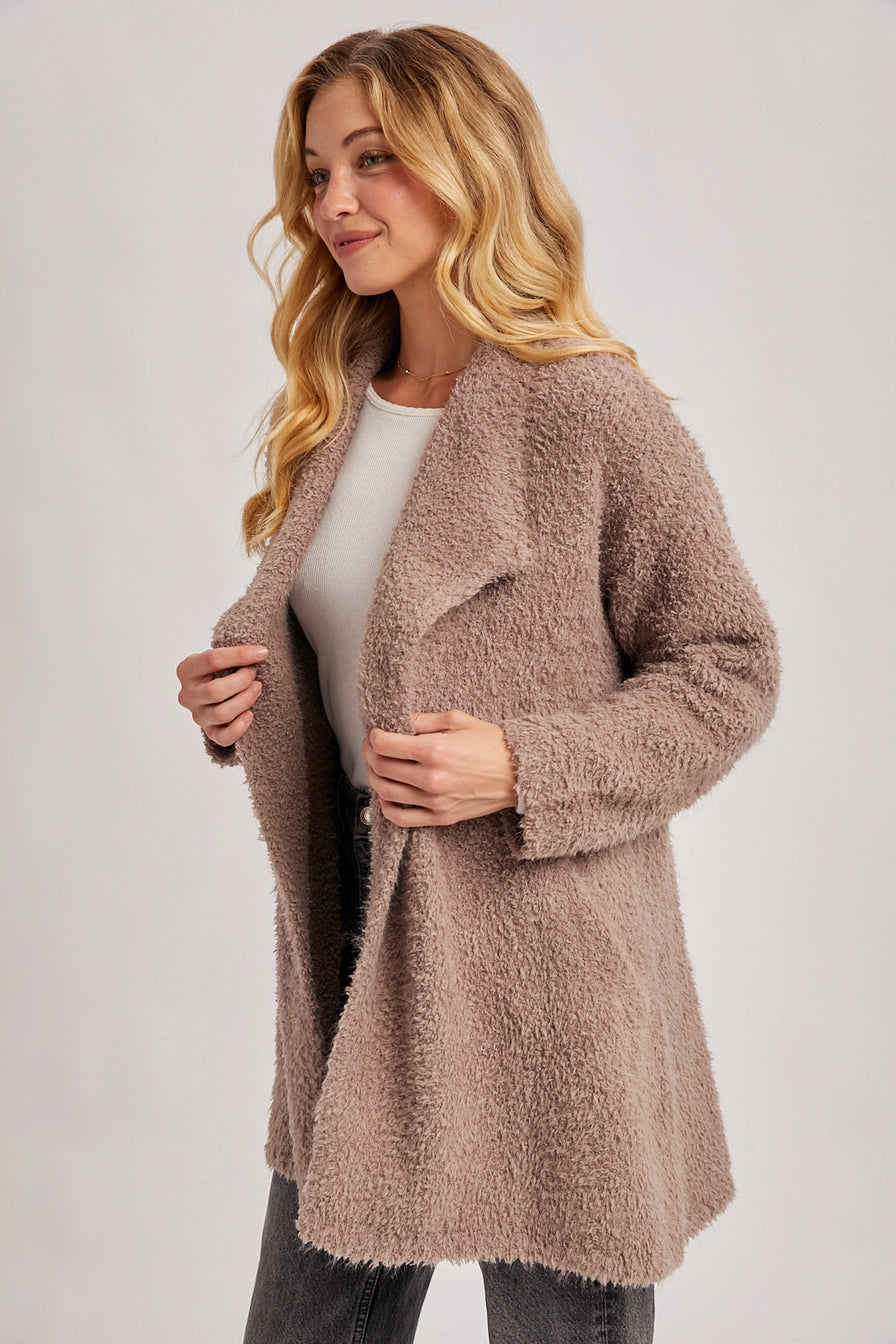 Mushroom Soft Fuzzy Drape Front Cardigan