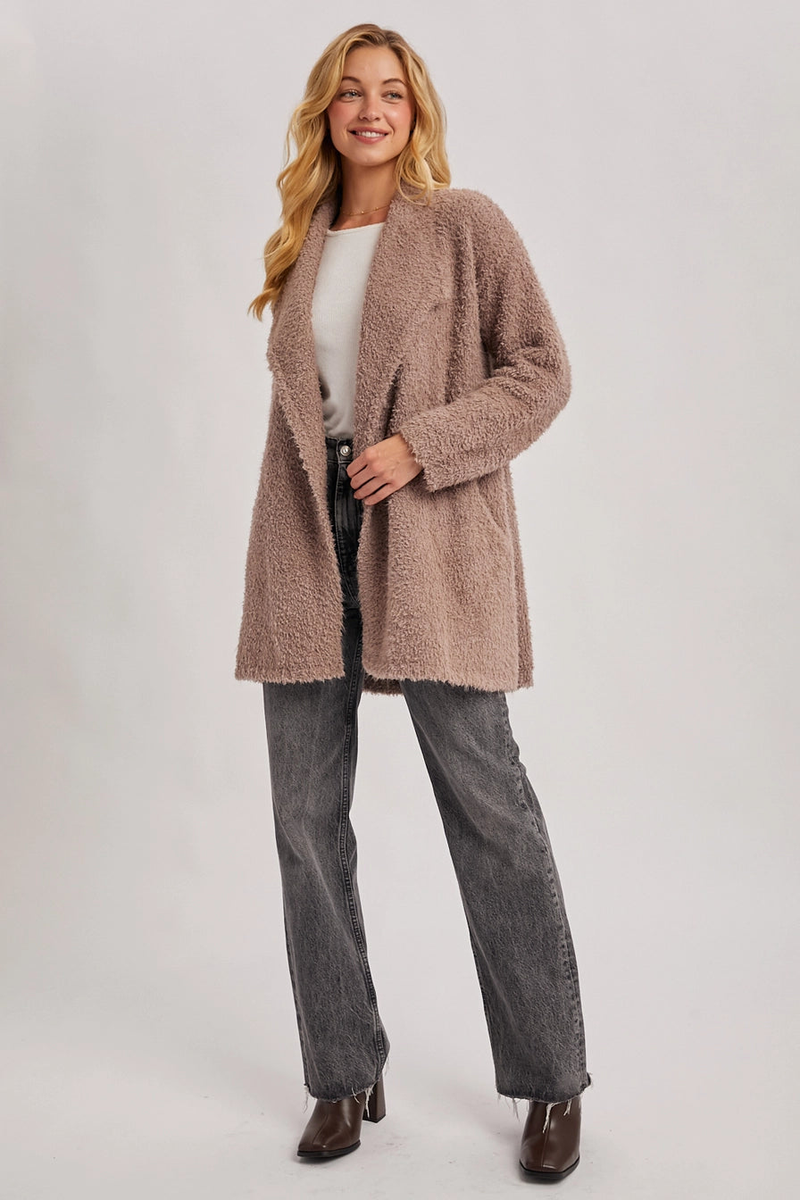 Mushroom Soft Fuzzy Drape Front Cardigan