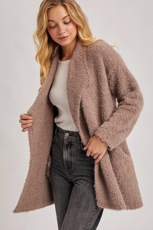 Mushroom Soft Fuzzy Drape Front Cardigan
