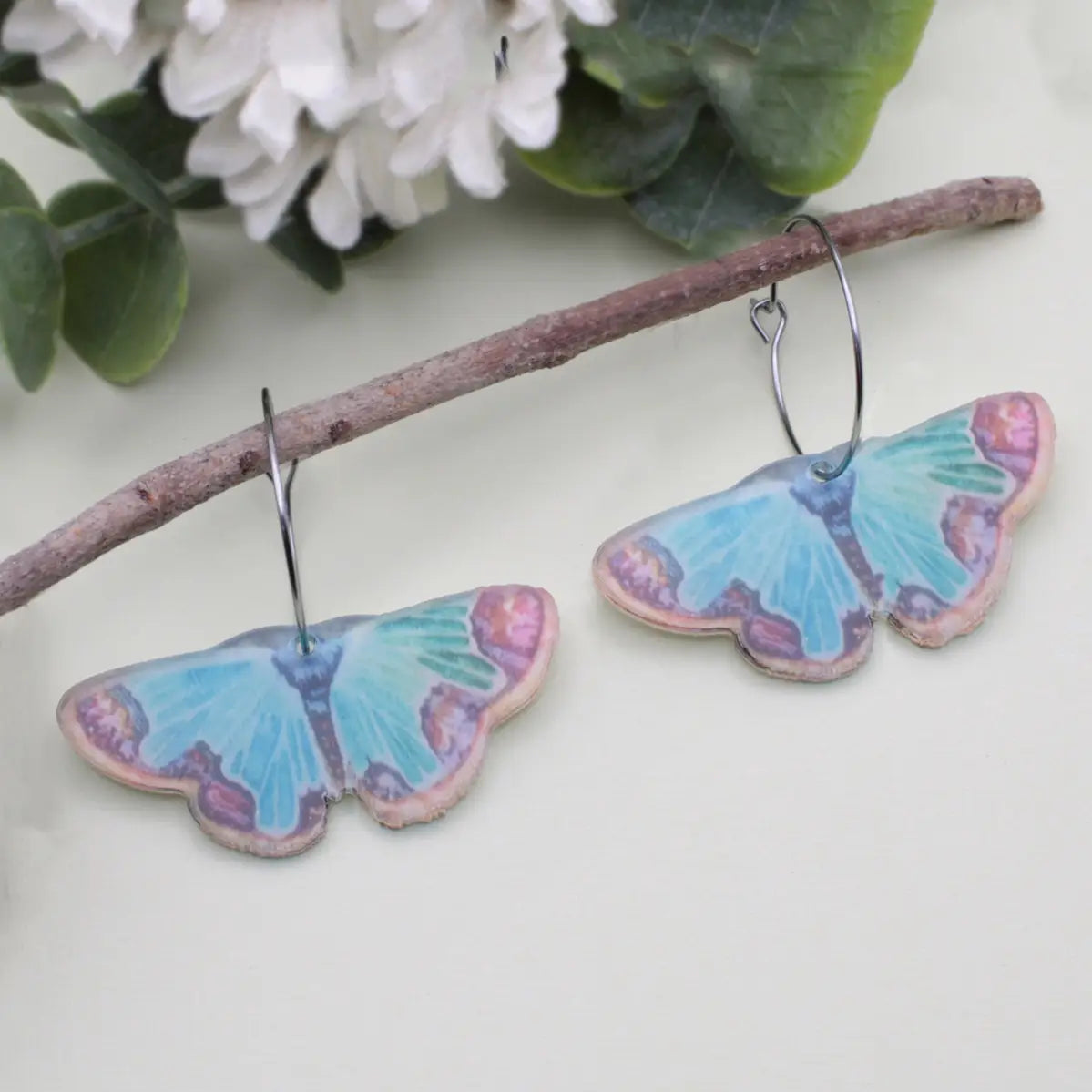 Soft Skies Blue Butterfly Hoop Earrings