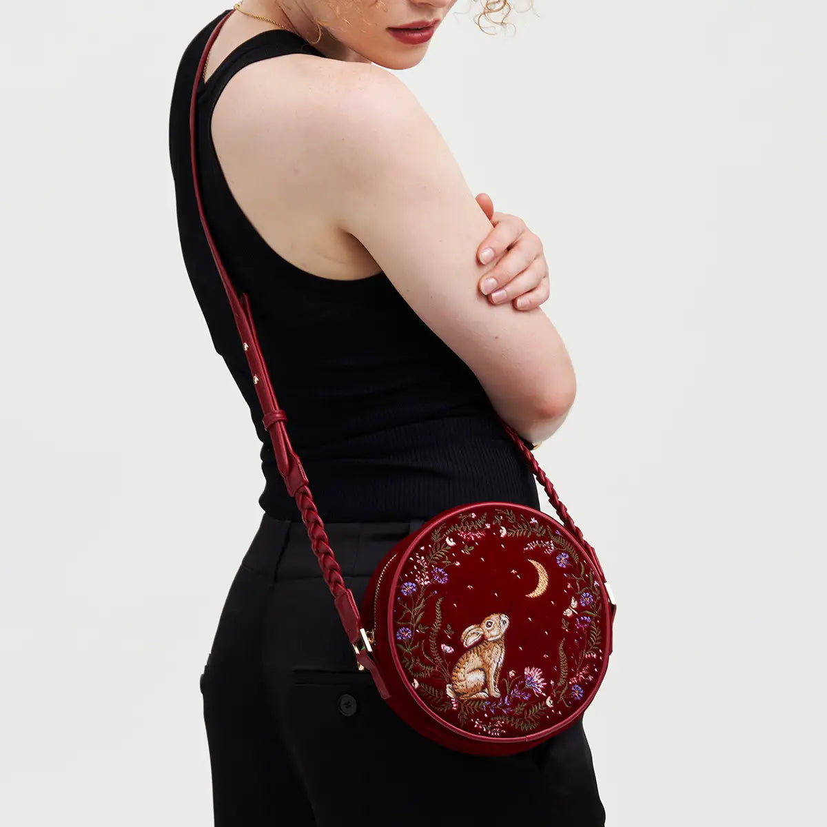 Star Gazing Rabbit Red Embroidered Circle Bag by Fable England