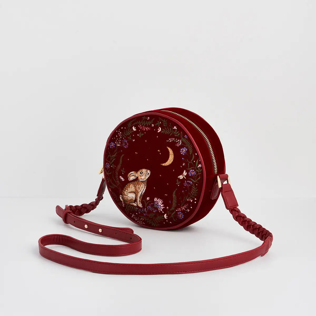 Star Gazing Rabbit Red Embroidered Circle Bag by Fable England