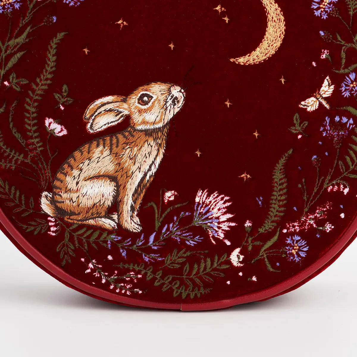 Star Gazing Rabbit Red Embroidered Circle Bag by Fable England