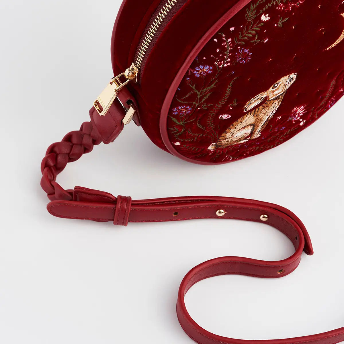 Star Gazing Rabbit Red Embroidered Circle Bag by Fable England