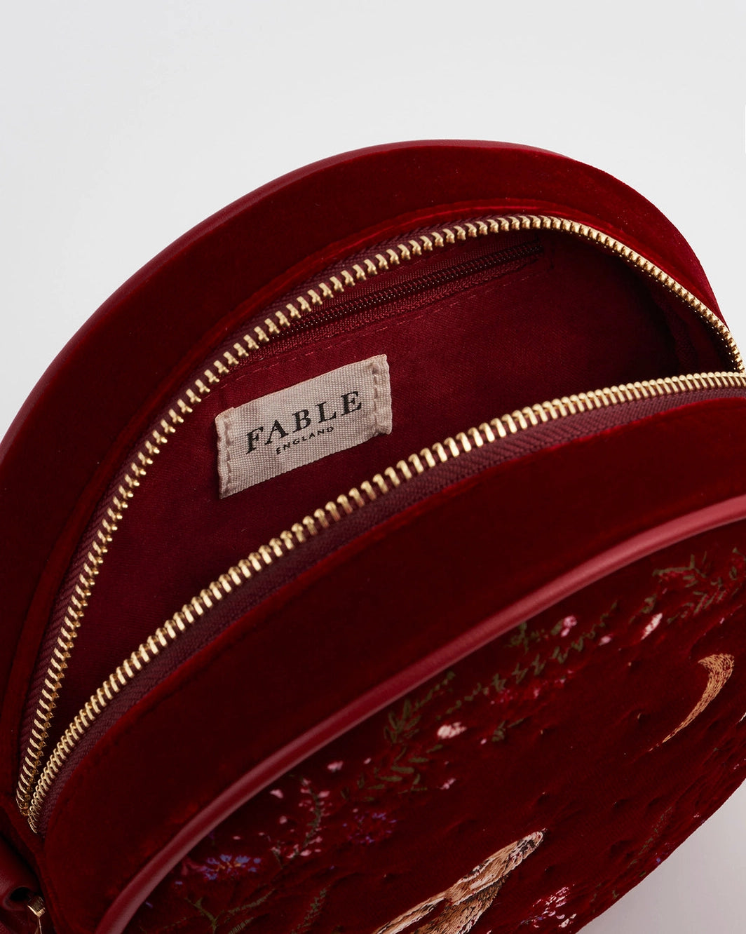 Star Gazing Rabbit Red Embroidered Circle Bag by Fable England