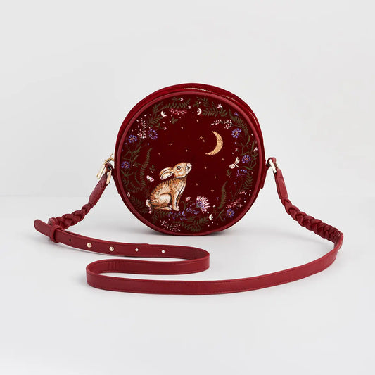 Star Gazing Rabbit Red Embroidered Circle Bag by Fable England