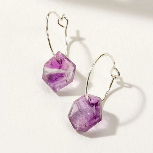 Sterling Silver Geometry Mini Hoop Earrings- Amethyst