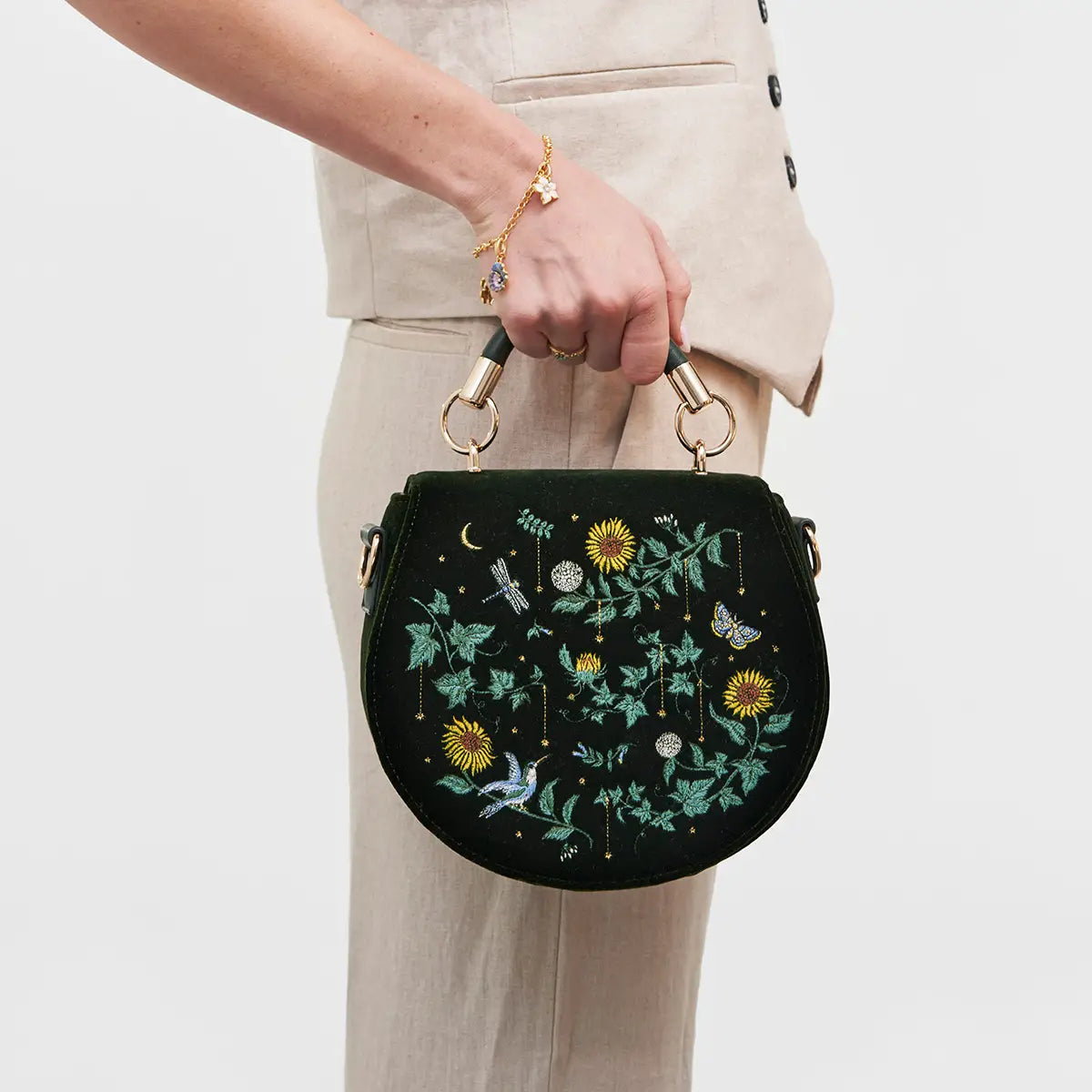 Sunflower Green Velvet Embroidered Bag by Fable England