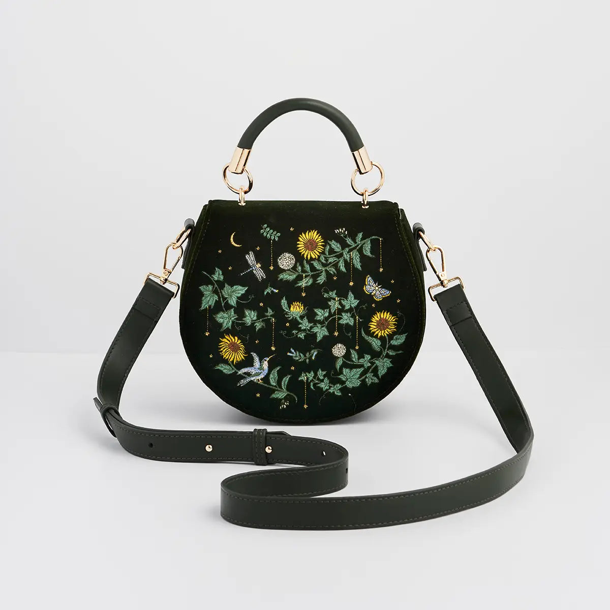 Sunflower Green Velvet Embroidered Bag by Fable England