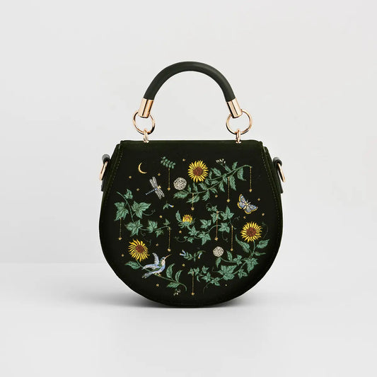 Sunflower Green Velvet Embroidered Bag by Fable England