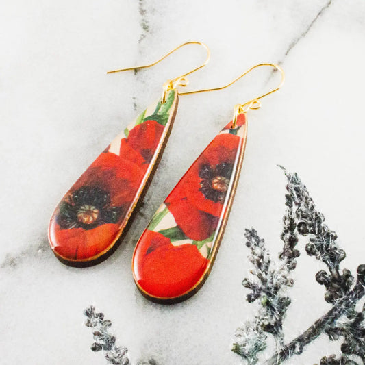 Teardrop Red Poppy Garden Earrings