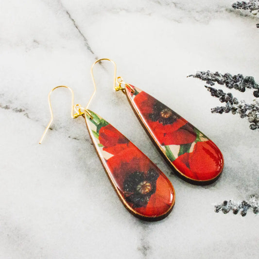 Teardrop Red Poppy Garden Earrings