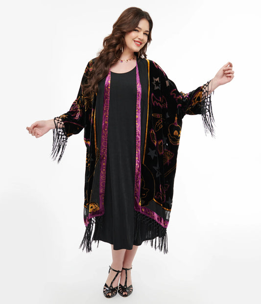 Black Velvet Burnout Mystical Icons Fringe Duster