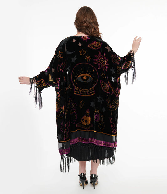 Black Velvet Burnout Mystical Icons Fringe Duster