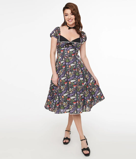 Black Spellbinding Print Swing Dress