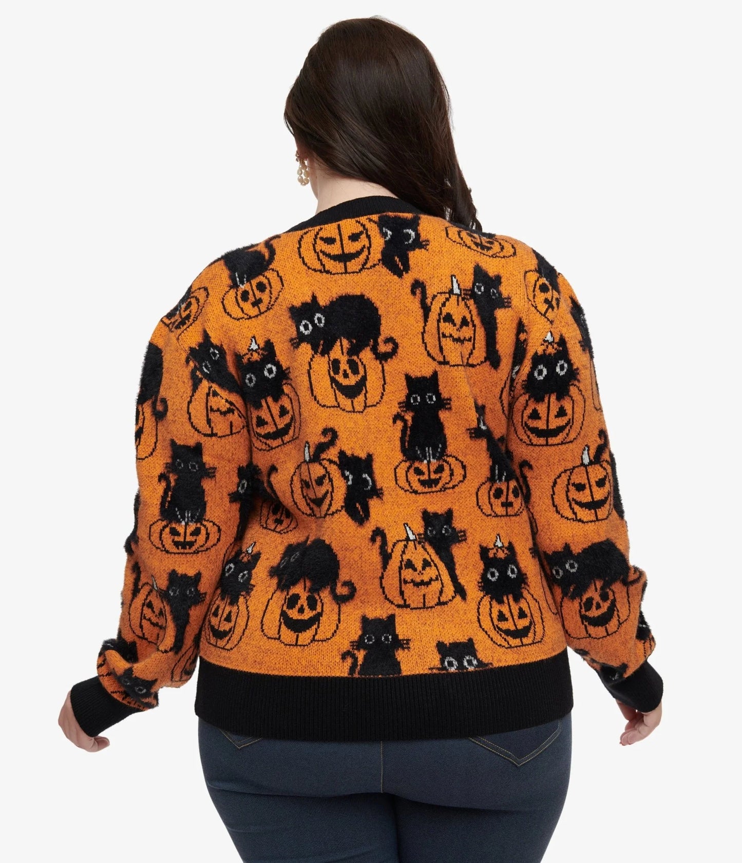 Orange Pumpkin & Black Cat Print Sweater