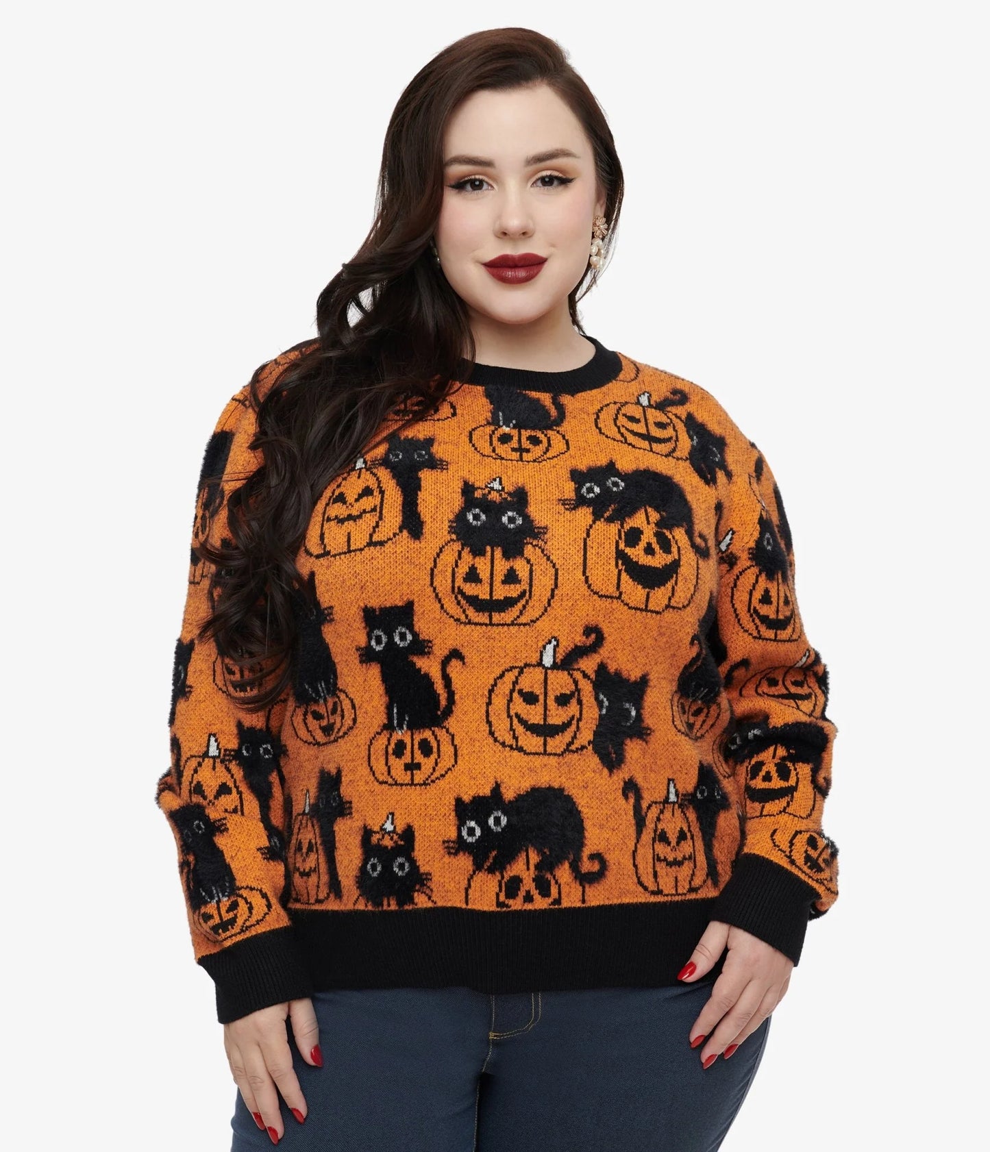 Orange Pumpkin & Black Cat Print Sweater