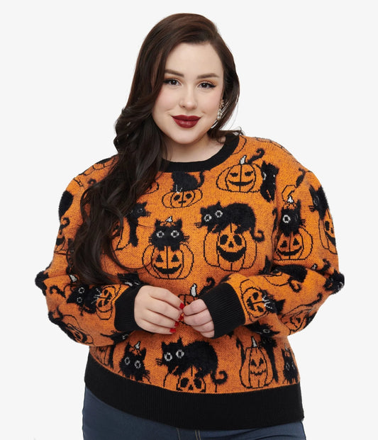 Orange Pumpkin & Black Cat Print Sweater