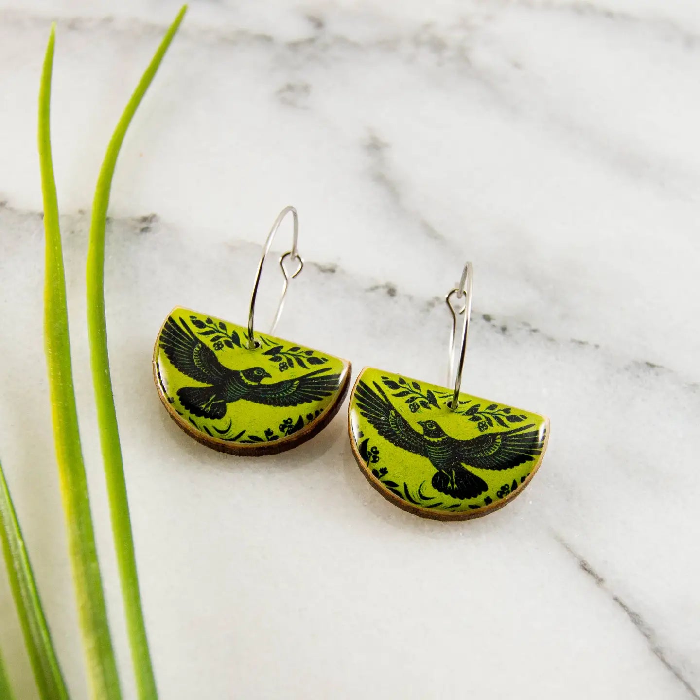 Vintage Citron Raven Drop Hoop Earrings