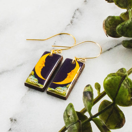 Vintage Crescent Moon Rectangle Earrings