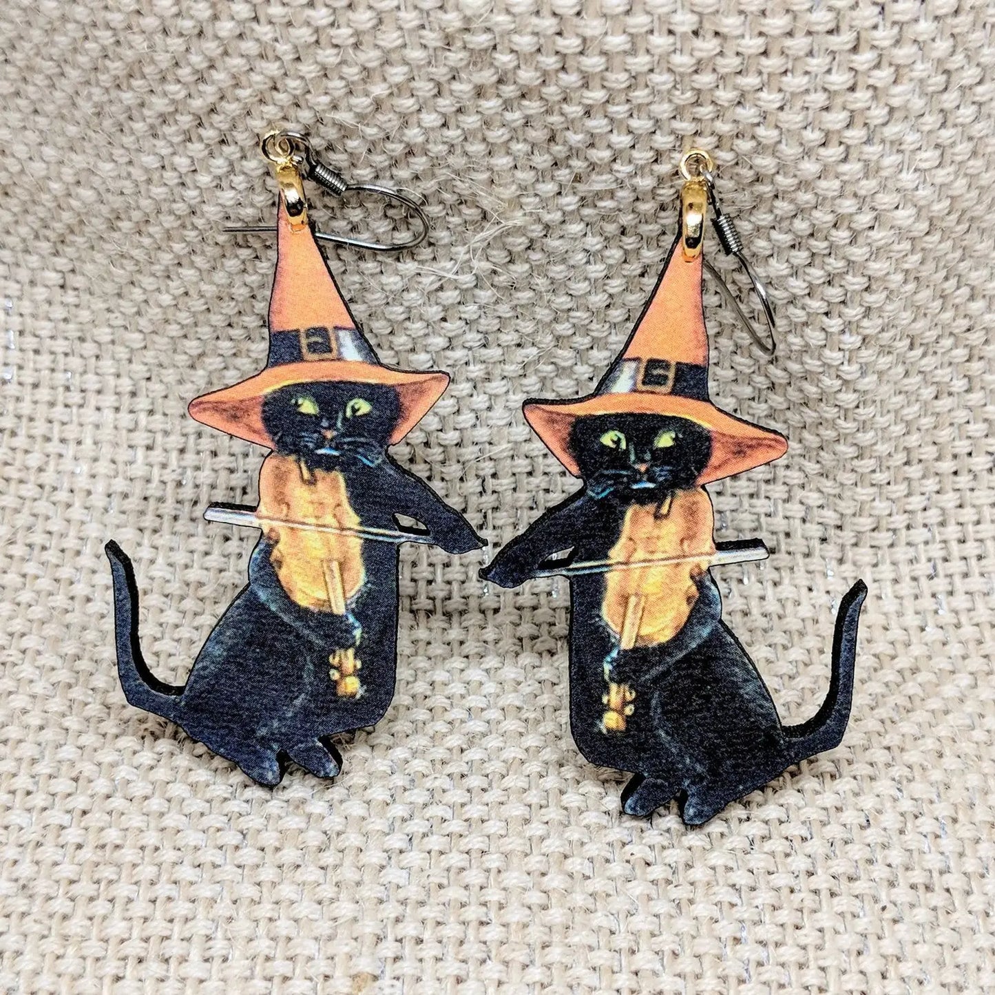 Violin Witch Cat Earrings